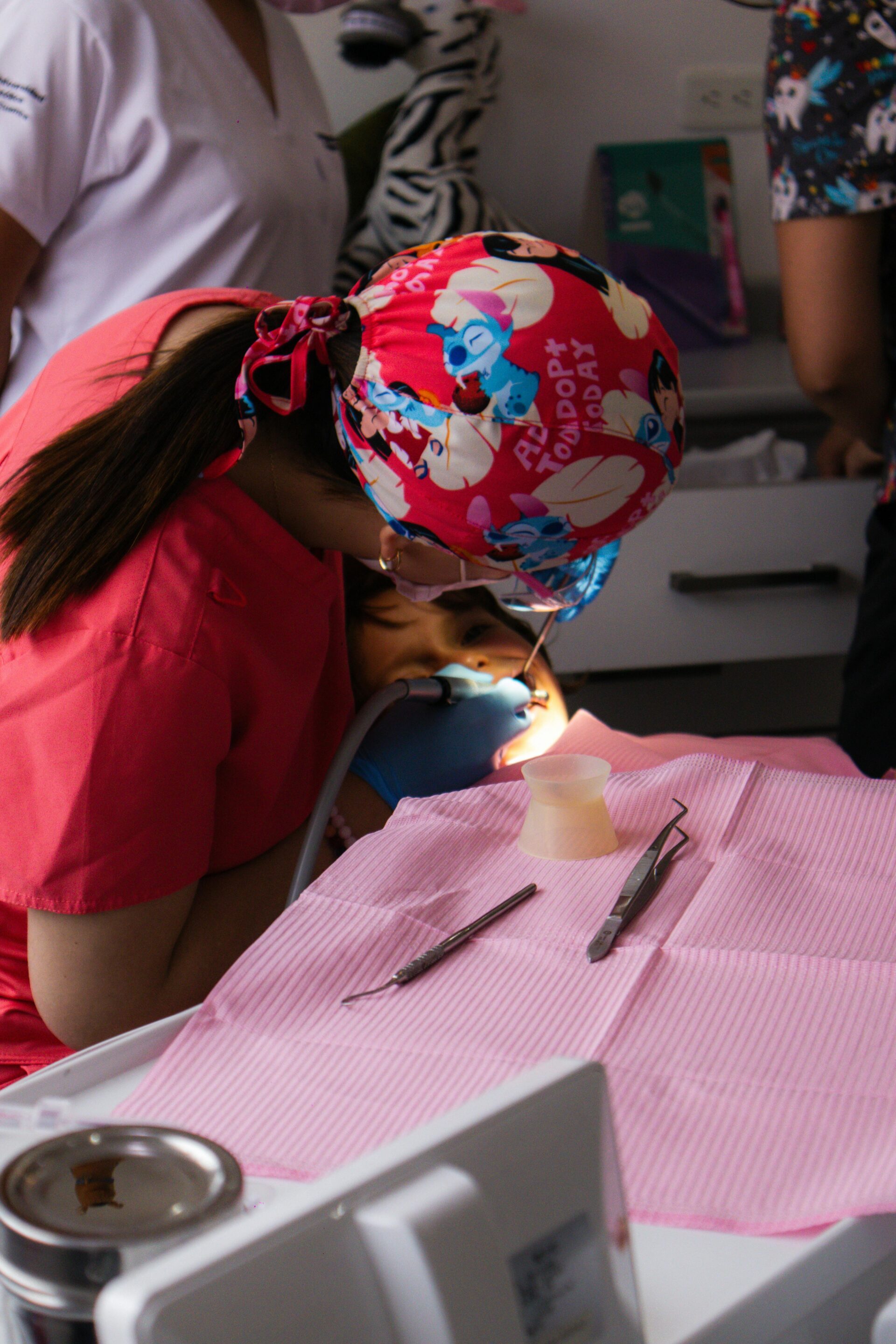 Close-up pediatric dental treatment in clinic